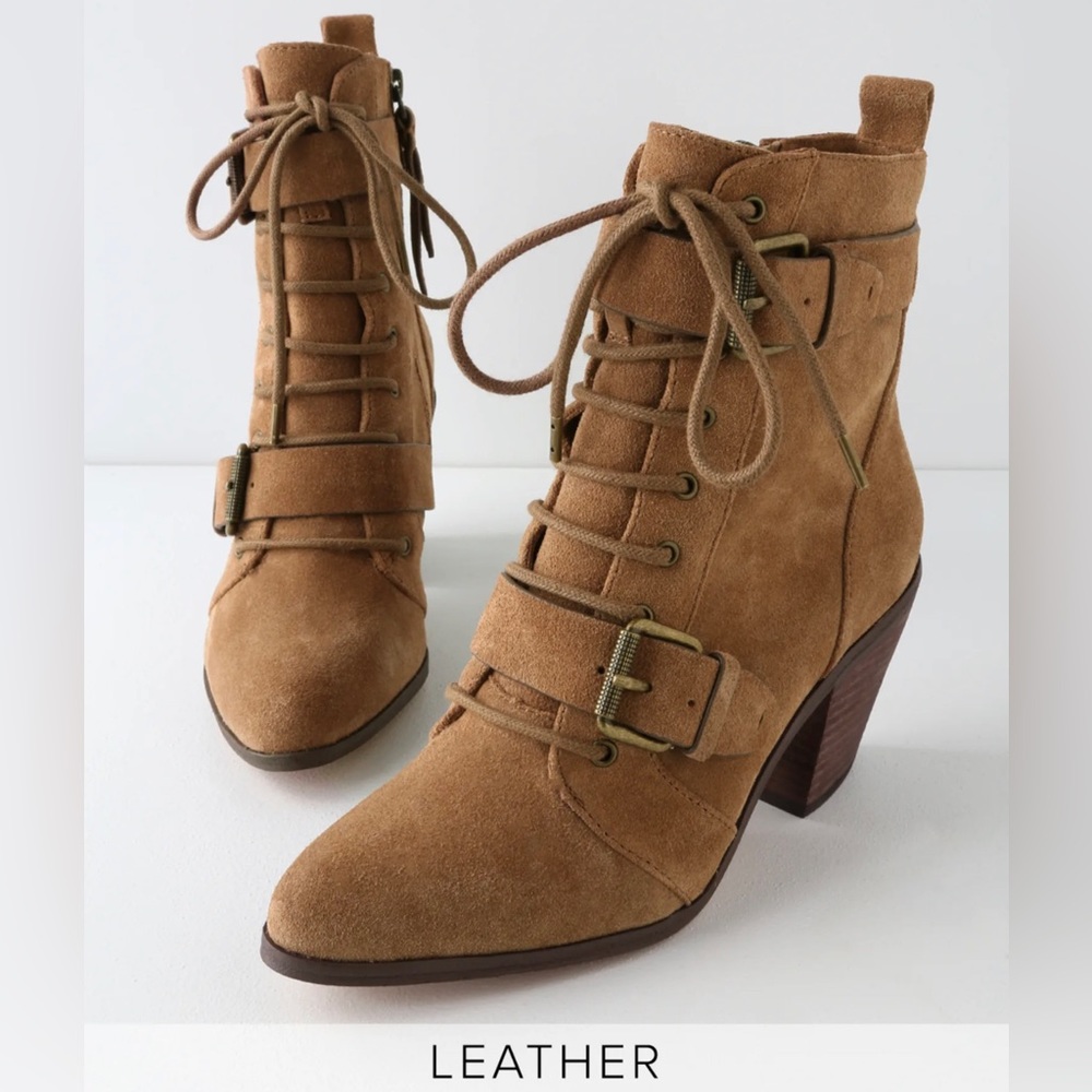 Light Brown Suede Leather Lace-Up Mid-Calf Booties Western Cowgirls